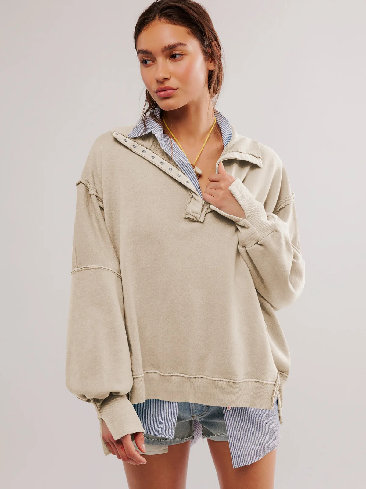 Woman's Autumn Solid Color Sweatshirt Fashion Flip Collar Long Sleeves The Hem Is Irregular Hoodie Ladies Elegant Button Tops