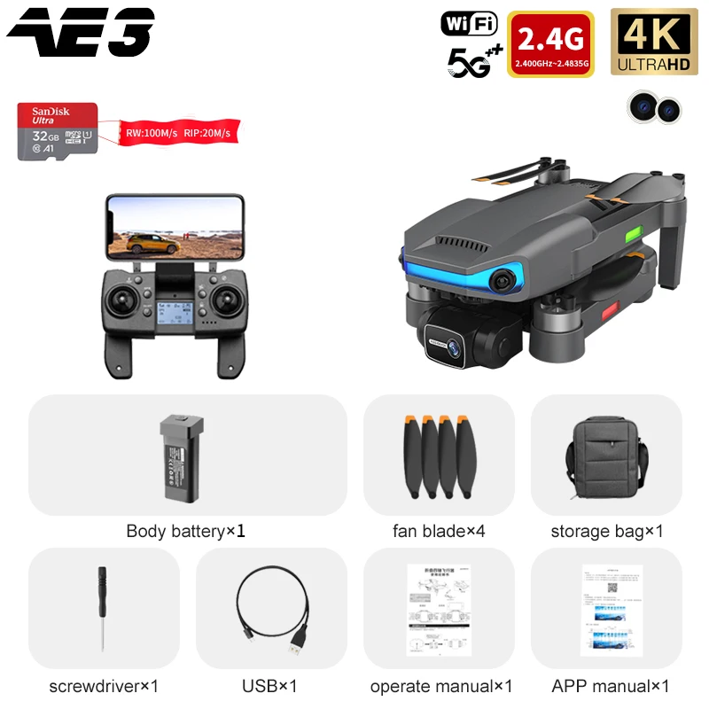 AE3 PRO Max GPS Drone 4K Dual Camera 3 Axis Gimbal Professional Aerial Radar Obstacle Avoidance 5G Wifi FPV Quadcopter Gift Toy rc helicopter with camera RC Helicopters