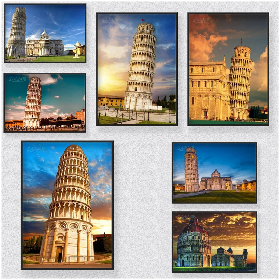 

Europe Italy Pisa Tower Sunset Sunlight Landscape DIY Diamond Painting Full Drill Cityscape Jewelry Mosaic Art Home Wall Decor