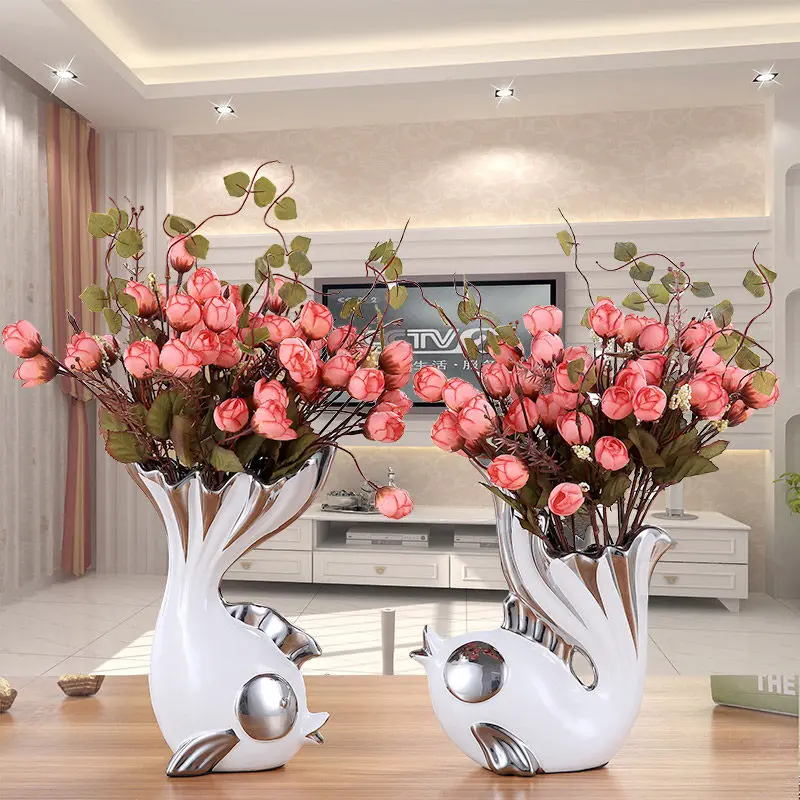 

Modern Ceramic Couple Fish Vase Fake Flower Arrangement Bookcase Cabinet Furnishings Crafts Home Livingroom Desktop Accessories