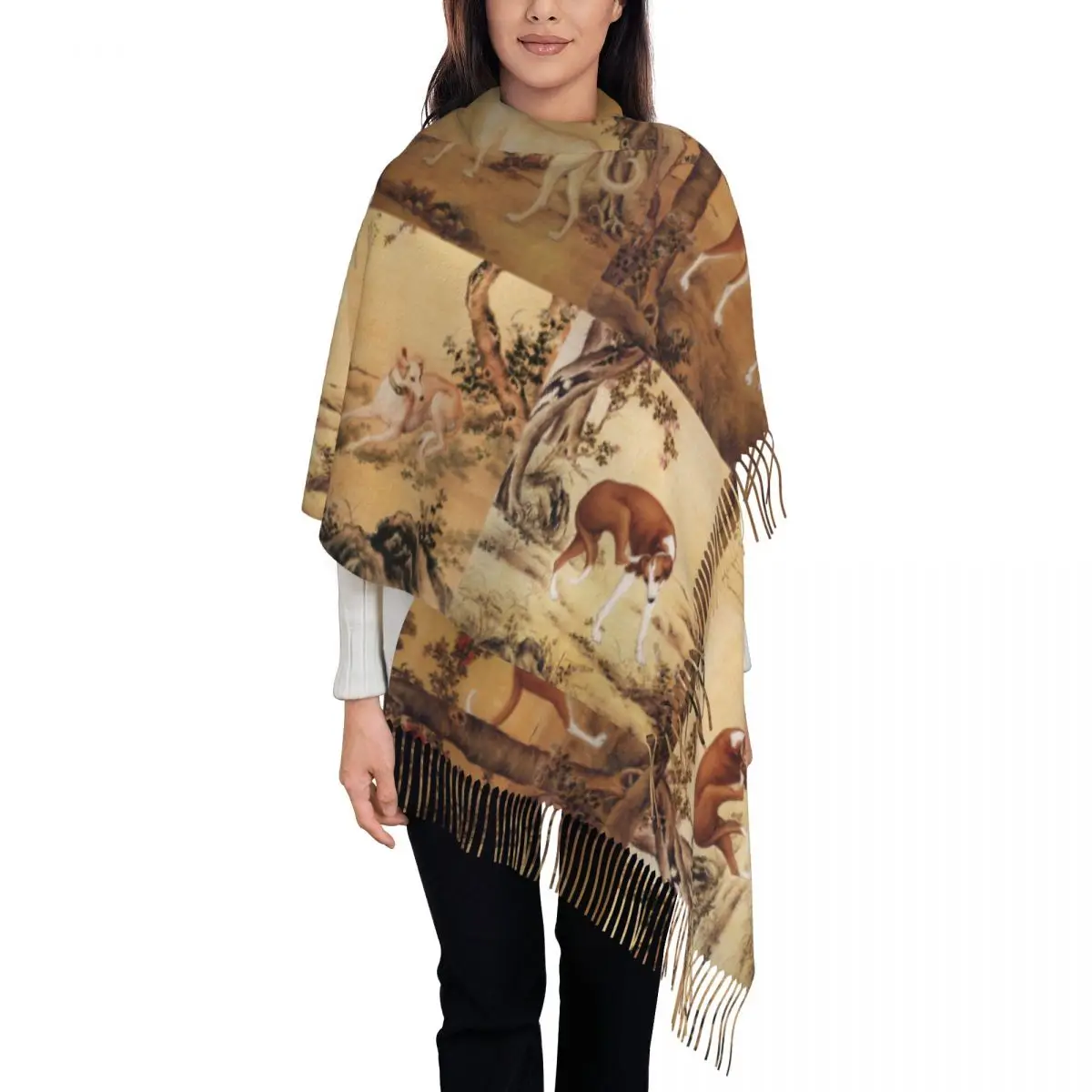 

Женские Длинные винтажные шарфы с китайским рисунком, зимние и осенние толстые теплые шарфы с кисточками, шарфы с собакой и животными