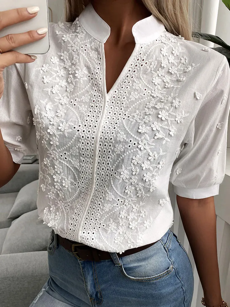 V-neck stand neck embroidered lace top shirt Summer Women Casual Chic White Blouses Floral Pattern Eyelet Embroidery Half Sleeve