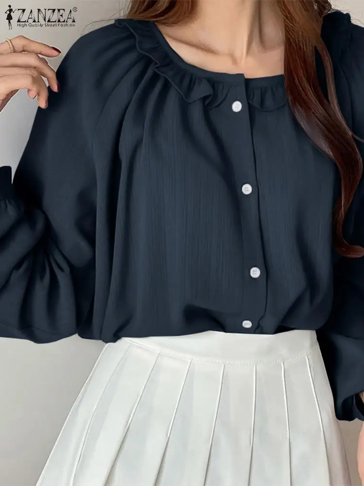 

ZANZEA Holiday Long Sleeve Blouse Elegant Women Shirt Fashion Solid Ruffles Tops 2024 Spring Casual Loose Round Neck Tunic Femme