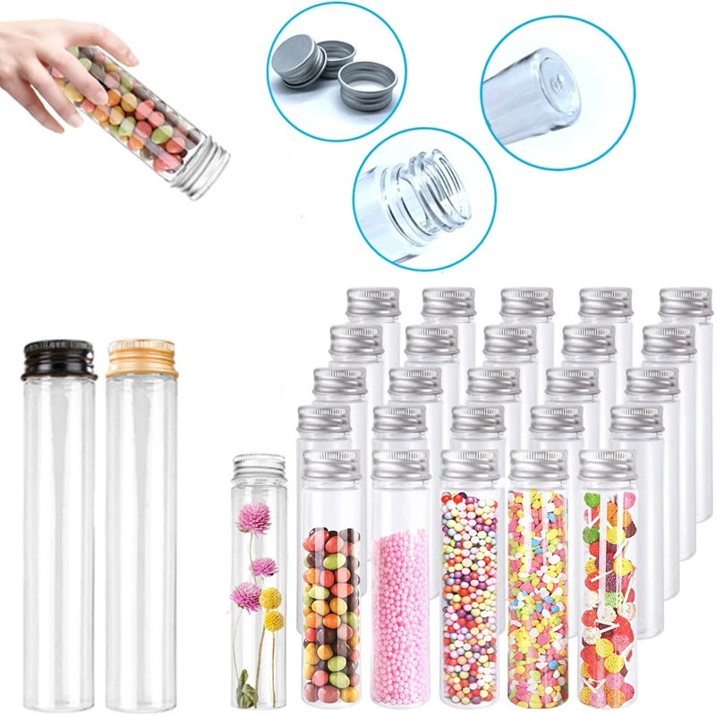 

5Pcs 50ml-110ml Clear Straight Bottle Containers Plastic Test Tubes Bottle w/ Aluminum Screw Caps For Candy Storage Party Favors