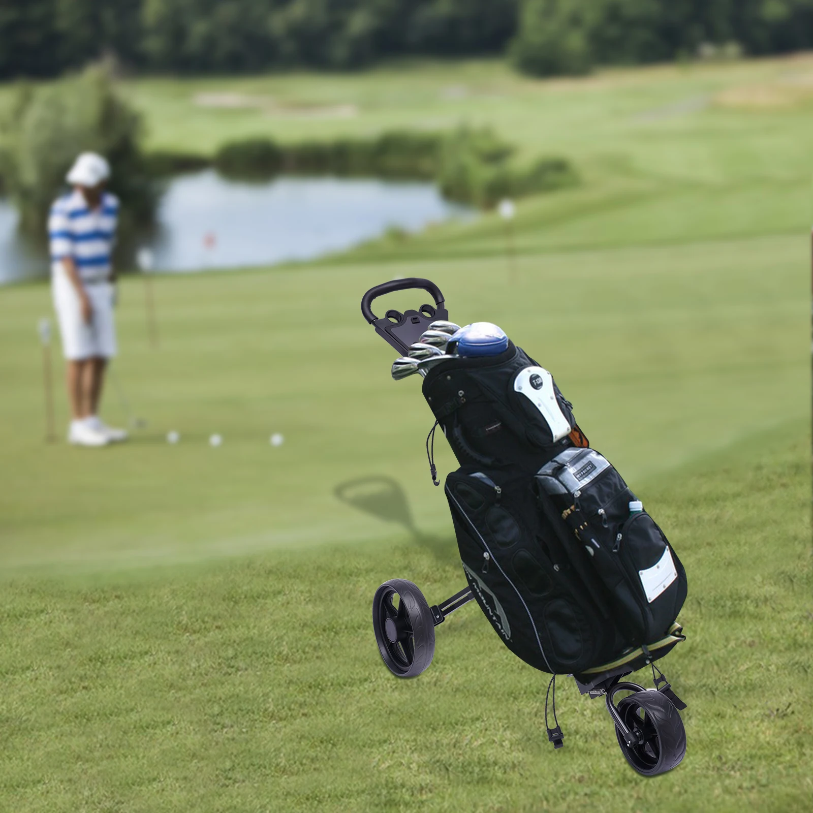 Foldable Golf Push Cart 3 Wheel Golf Walking Push Roller Trolley Bag with Scorecard Drink Holder Adjustable Straps