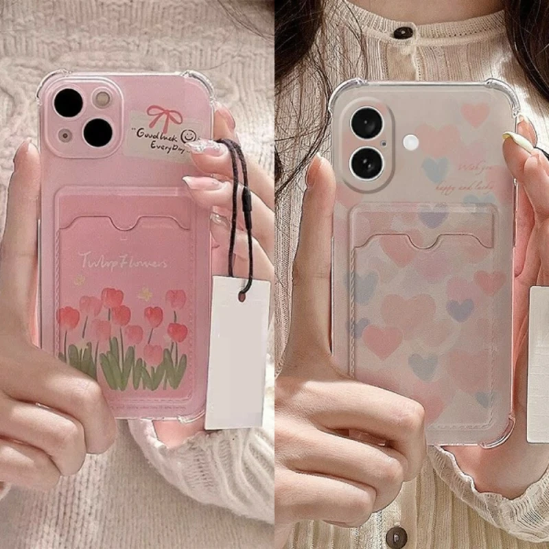 Adorable Heart & Floral Phone Case with Card Holder & Shockproof Protection