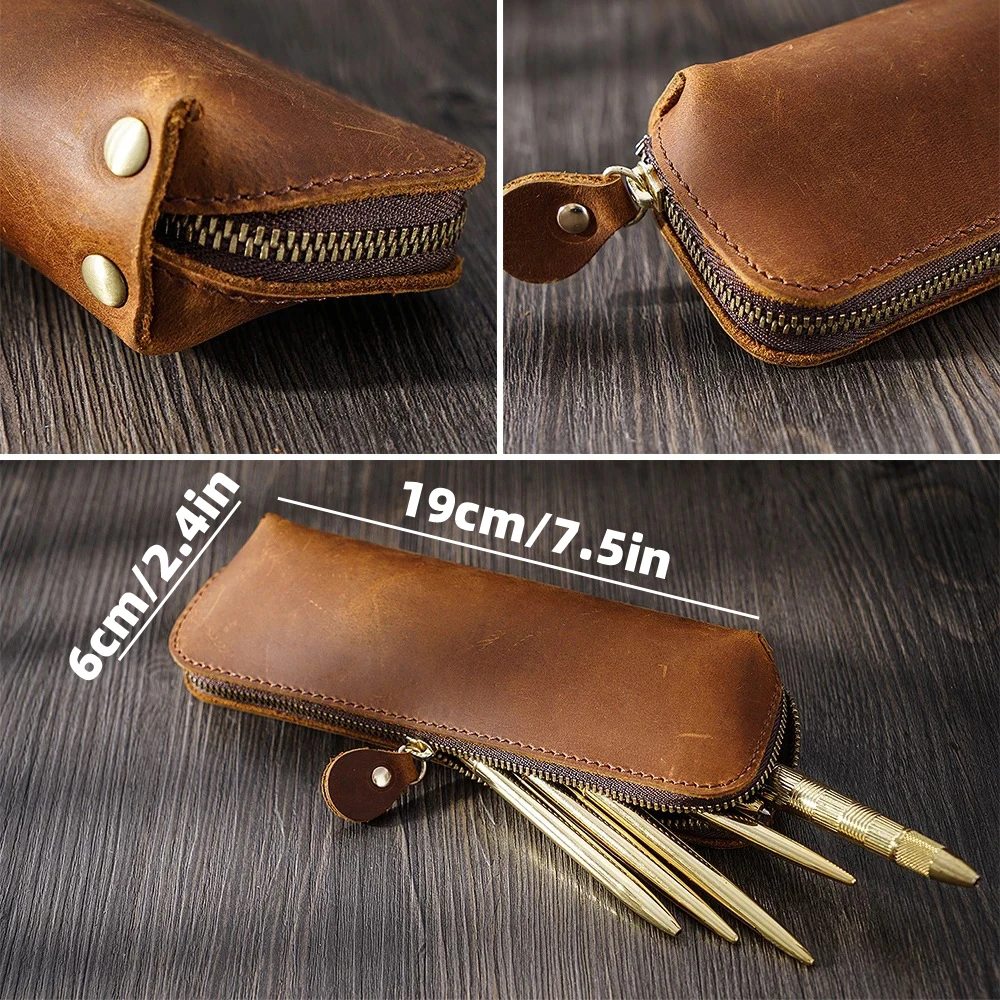 1pc Cowhide Pencil Case Stationery Holder Genuine Leather Pencilcase Storage Bag Office School Supplies