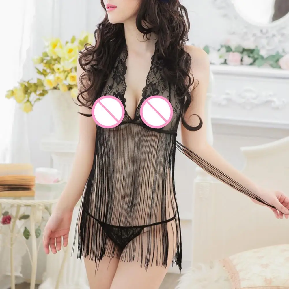 

2 Pcs/Set Lady Nightdress Briefs Set Perspective Night Dress Thong Set Sleeping Backless Halter Neck Nightdress G-string Set
