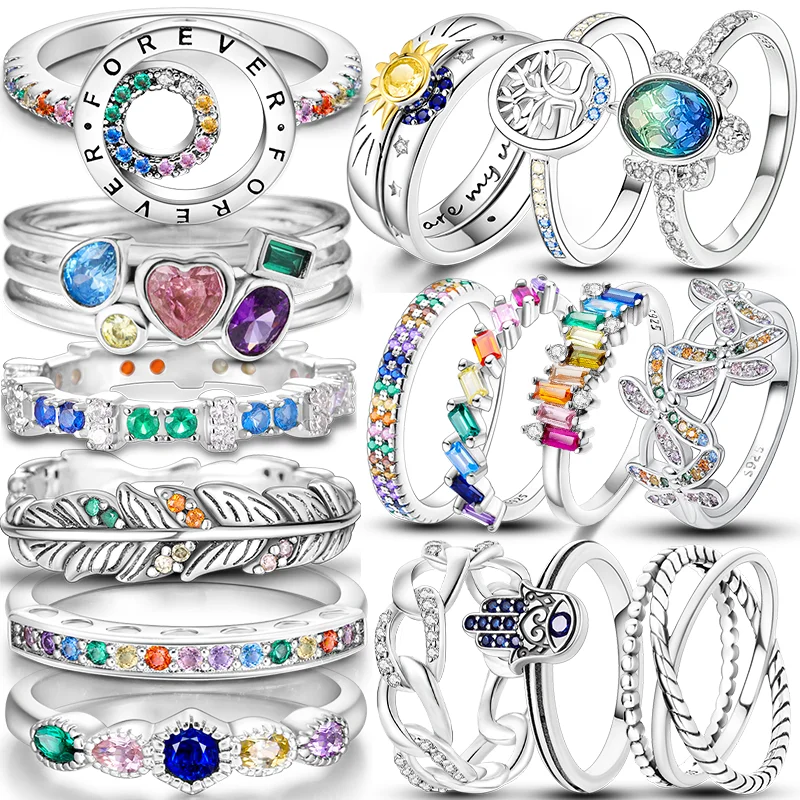 Original Design 925 Sterling Silver Colorful Cubic Zircon Ring For Women Wedding Engagement Birthday Silver Jewelry Gift