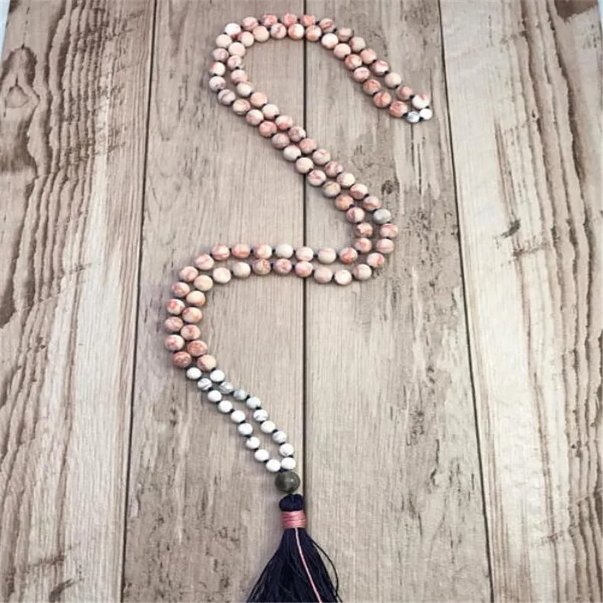 8mm Rhodochrosite Gemstone Howlite Tassel Mala Necklace Stone Metal Prayer Trendy  Meditation Lariat Spiritual Men 108 Beads