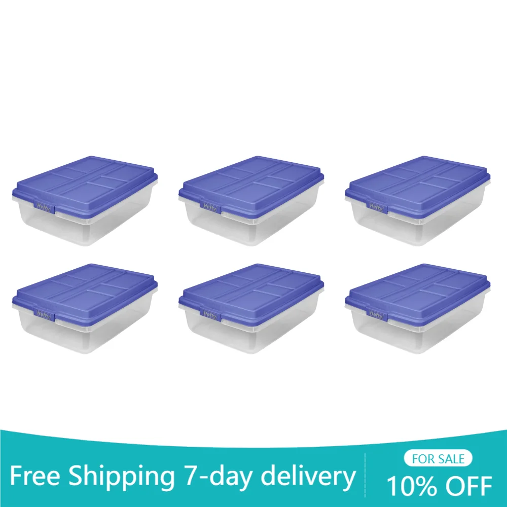 

40 Qt. Clear Plastic Storage Bin with Blue HI-Rise Lid, 6 Pack, Crossbar Design on Lid Supports Secure Stacking