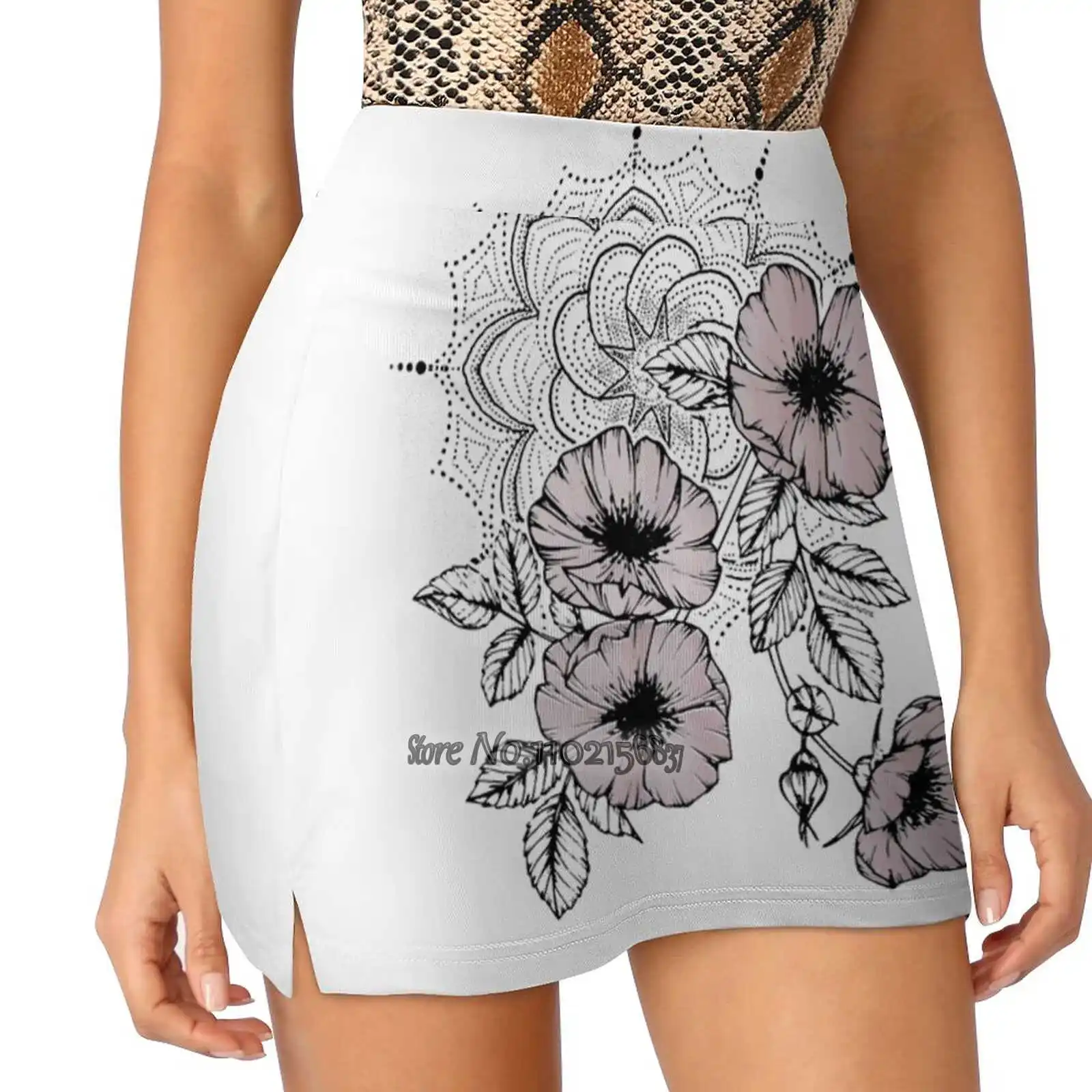 

Rosedala Fake Two-Piece Hakama Skirt Women Pencil Skirts Workout Sports Mini Skirt Pink Mandala Flowers Ladies Short Skirt