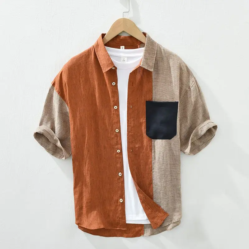 

Summer New Oversized Turn Down Collar Patchwork Cardigan Shirt Male Short Sleeve Casual Fashion Buttons Top Men Vintage Blouse