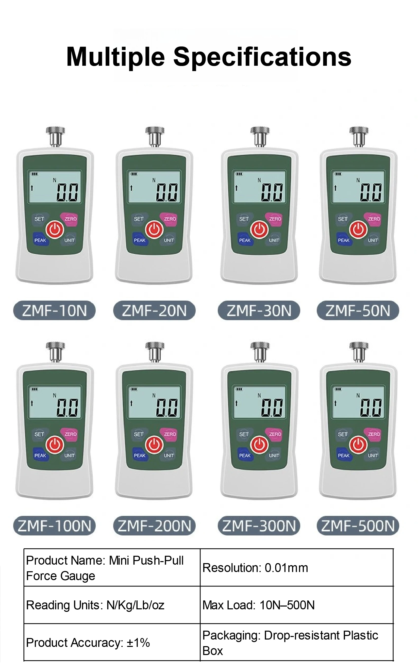 ZMF Mini Push Pull Force Gauge 10N 500N LCD Digital Force Meter N Kg Lb oz for C