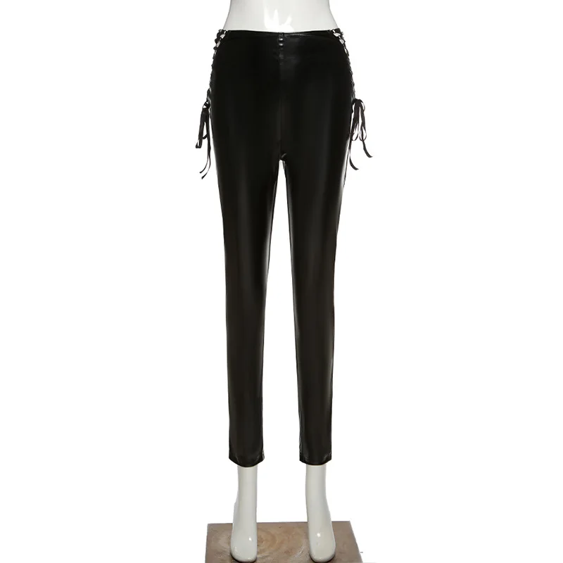 2023 Fashion Autumn and Winter Clothes Punk Sexy Streetwear Pu Leather Lace High Waist Pants Women Fashion Y2K Trousers Women