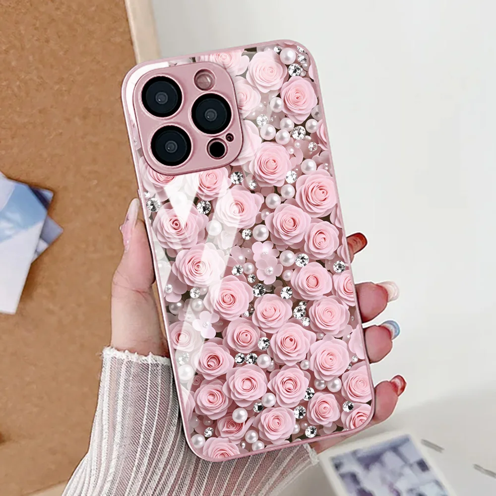 Elegant Flower Design Tempered Glass Phone Case