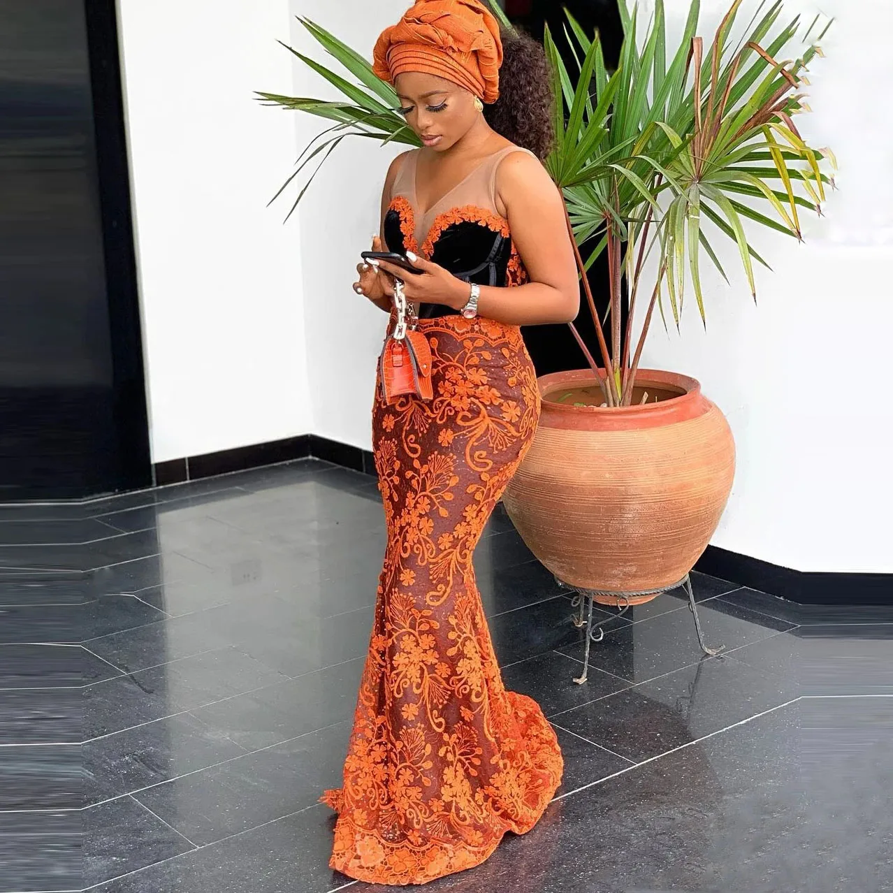 Vintage Orange Lace Prom Dresses Aso 