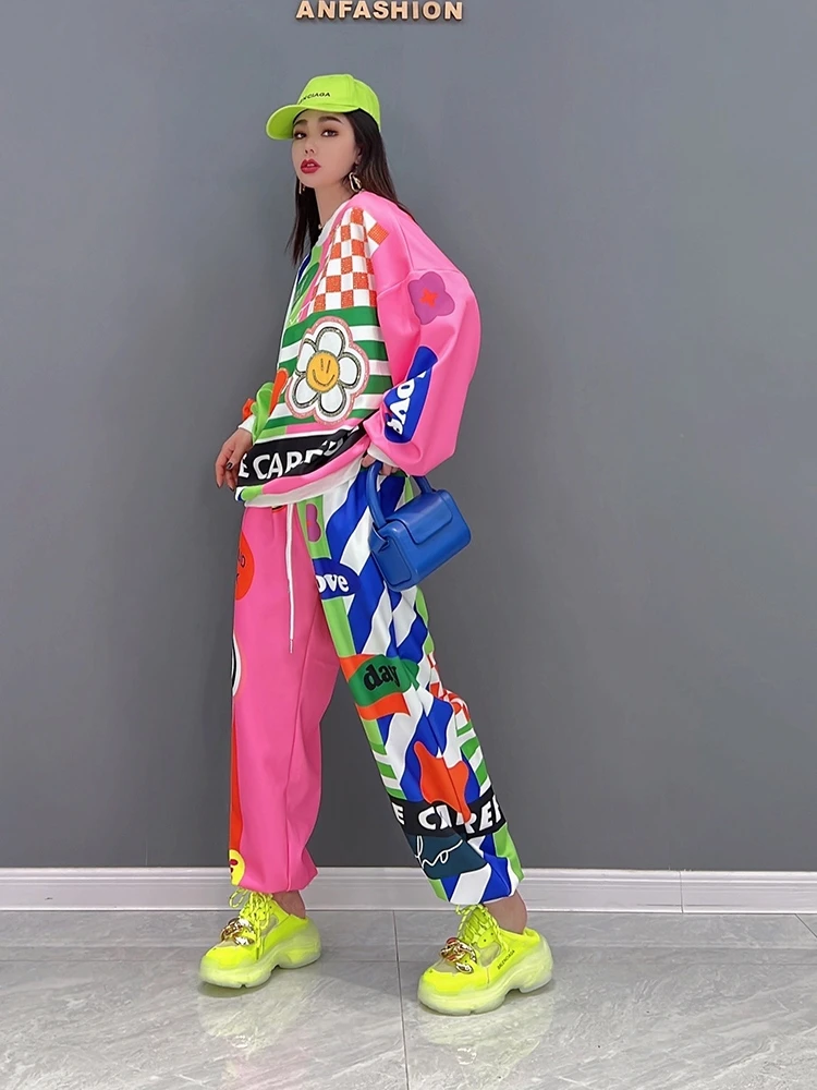 Spring 2023 new women's leisure sports 2 suits printed long sleeve who dress trousers a relaxed tide big yards moletom feminino