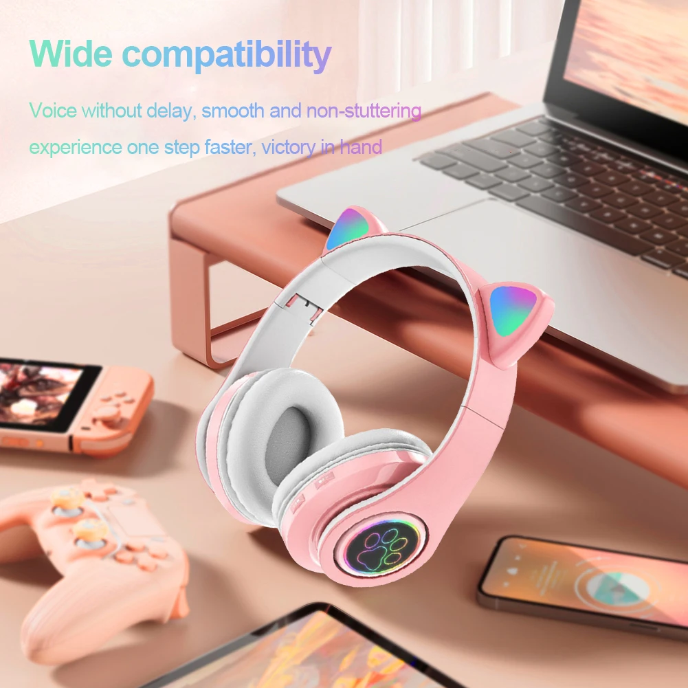 Flash Light Cute Cat Ear Headphones Wireless with Mic Can Close LED Kids Girls Stereo Phone Music Bluetooth Headset Gamer Gift