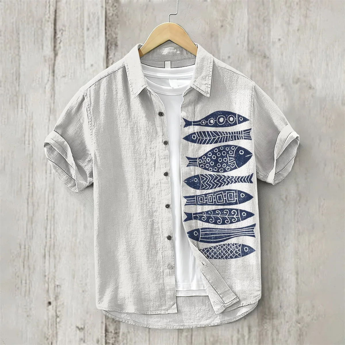 Men's Hawaiian Style Retro Fish Print Short Sleeved Shirt, Casual Linen Top, Loose and Breathable, Fashionable 6
