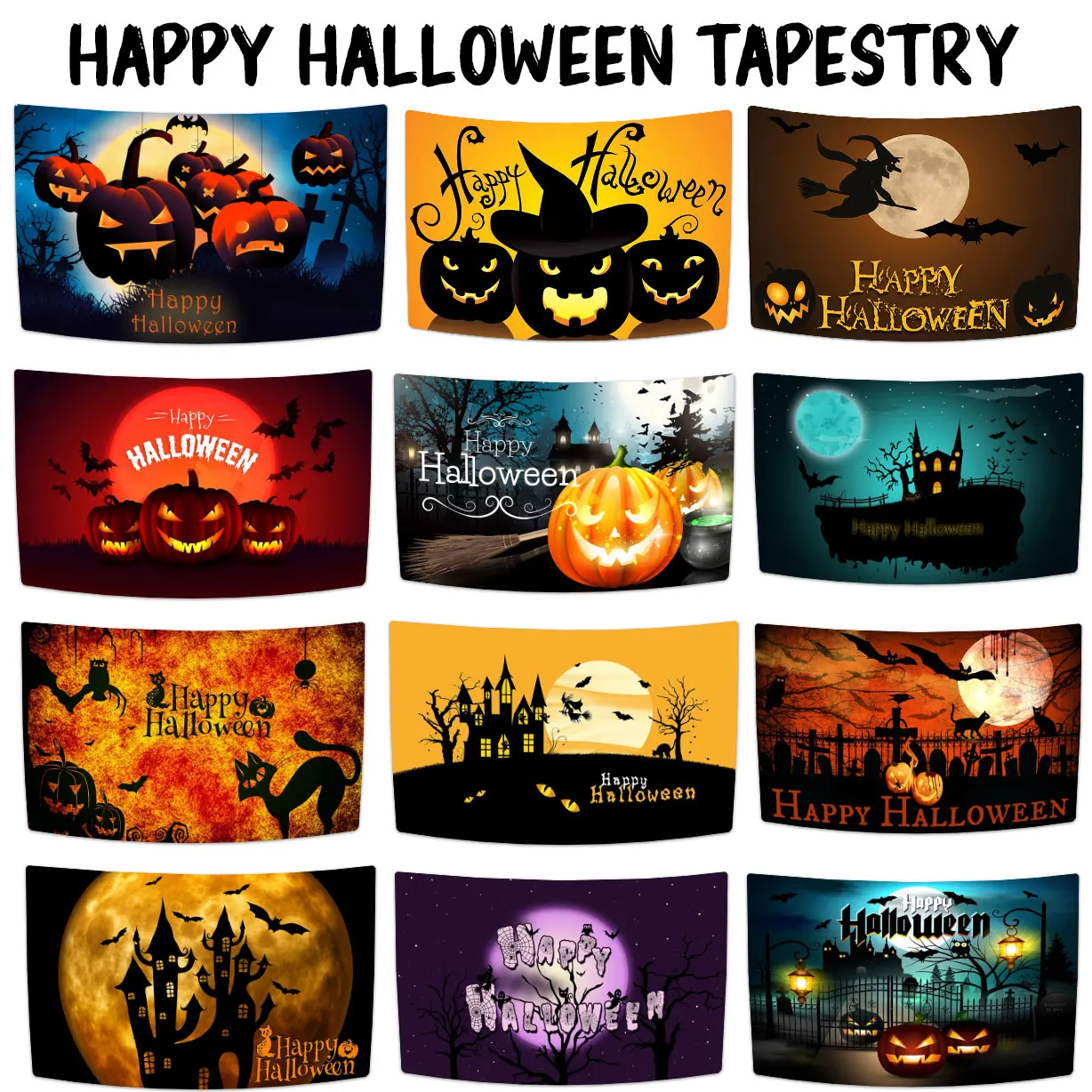 

QdDeco Happy Halloween Meme Tapestry Bat Pumpkin Printed Wall Hanging Carpets Party Background Cloth Home Decor