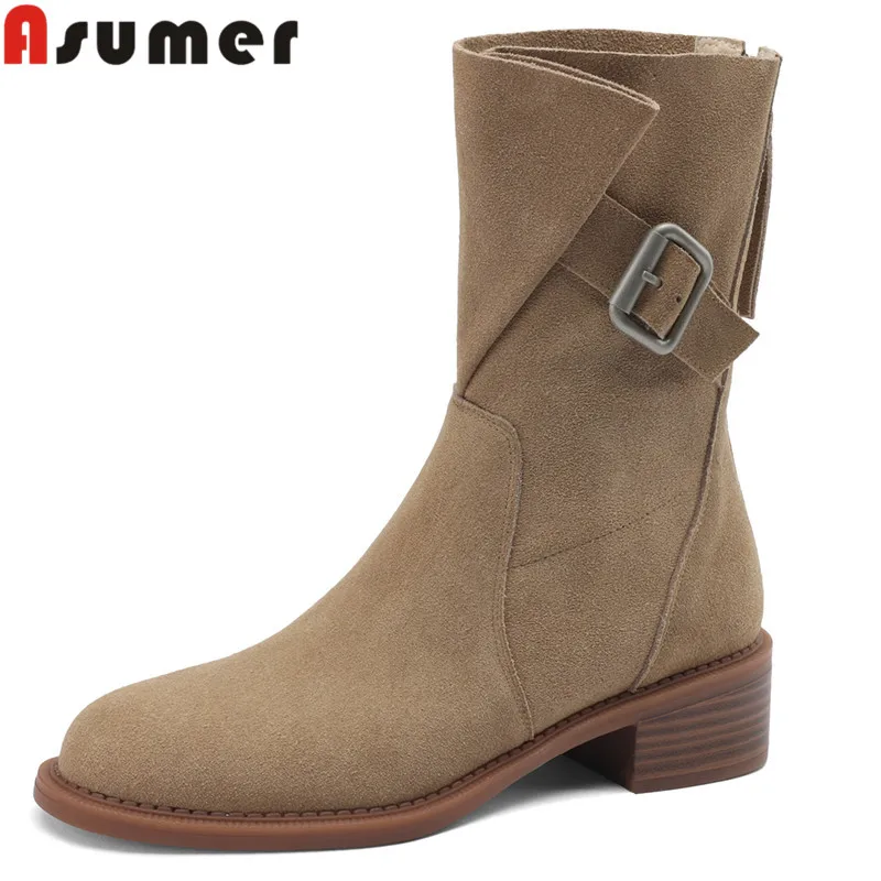 

ASUMER 2024 New Cow Suede Leather Pleated Mid Calf Boots Fashion Ladies Zipper Buckle Winter Boots Square Med Heels Boots