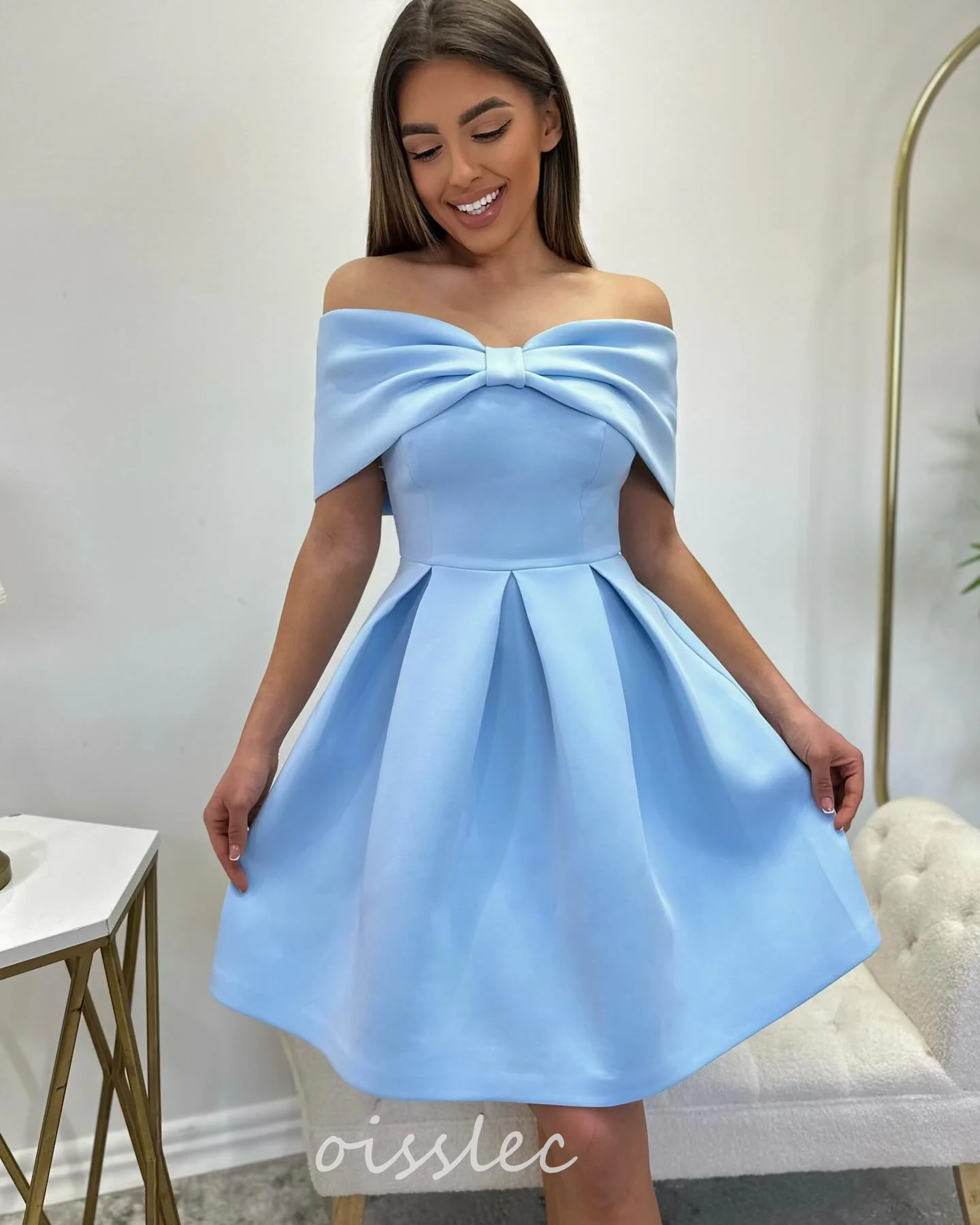

Oisslec Short Homecoming Dress Bow Off Shoulder Cocktail Party Dresses for Special Occasions A Line Ruffled Prom Club Gown
