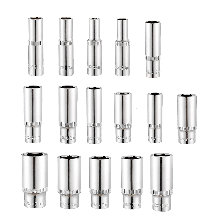 1PC 3/8inch Deep Socket Adapter Hex Socket Wrench Heads Ratchet Tool 8-19 Mm For Impact Drivers Hand Tools Accessories Silver