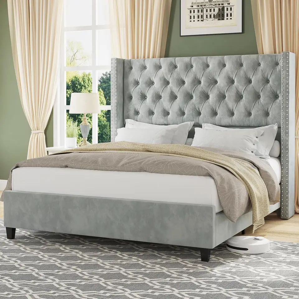 Elegant Velvet Queen Size Platform Bed Frame