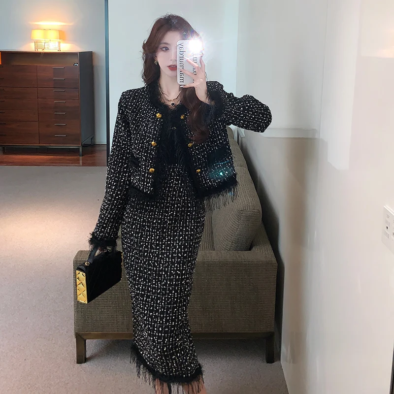 Fashion French Vintage Tweed Two Piece Sets Women Outfits High Quality  Chic Fringed Jacket Coat +Bodycon Long Skirt Skirt Suits