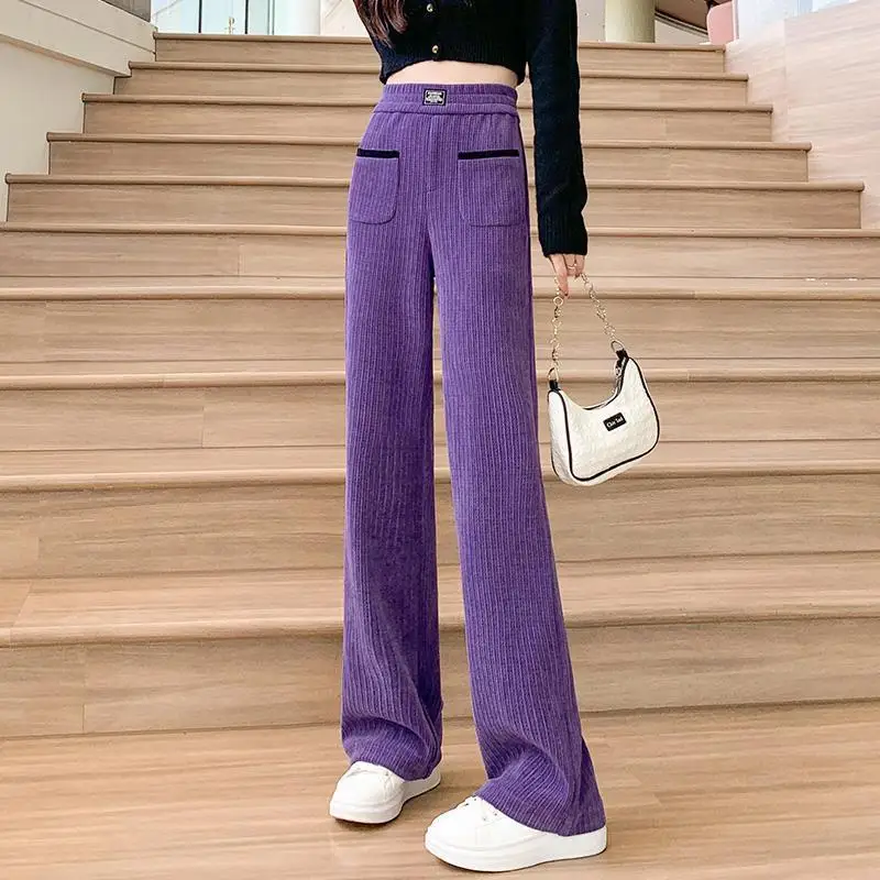 Autumn and Winter Women's Solid Color Drawstring Pocket Long Loose Slim Fit Plush Thickened Straight Leg Fashion Elegant Pants