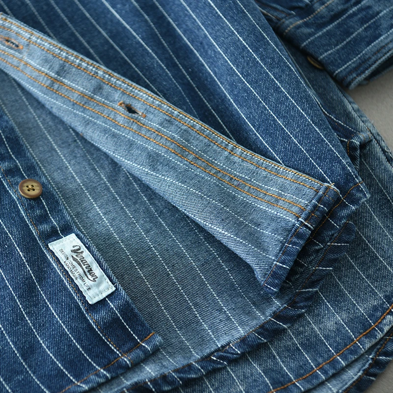 Denim Shirt Long Sleeved Shirt Classic retro striped denim shirt for men long sleeves washed loose blue trend plus size men's shirt tide
