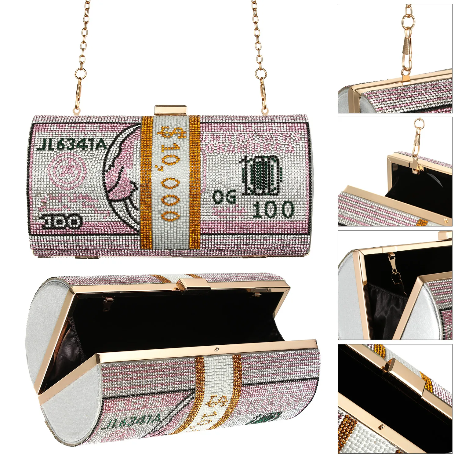 Luxury Money Clutch Purses Crystal Diamond Evening Bags Stack Of Cash Dollars Wedding Dinner Bag