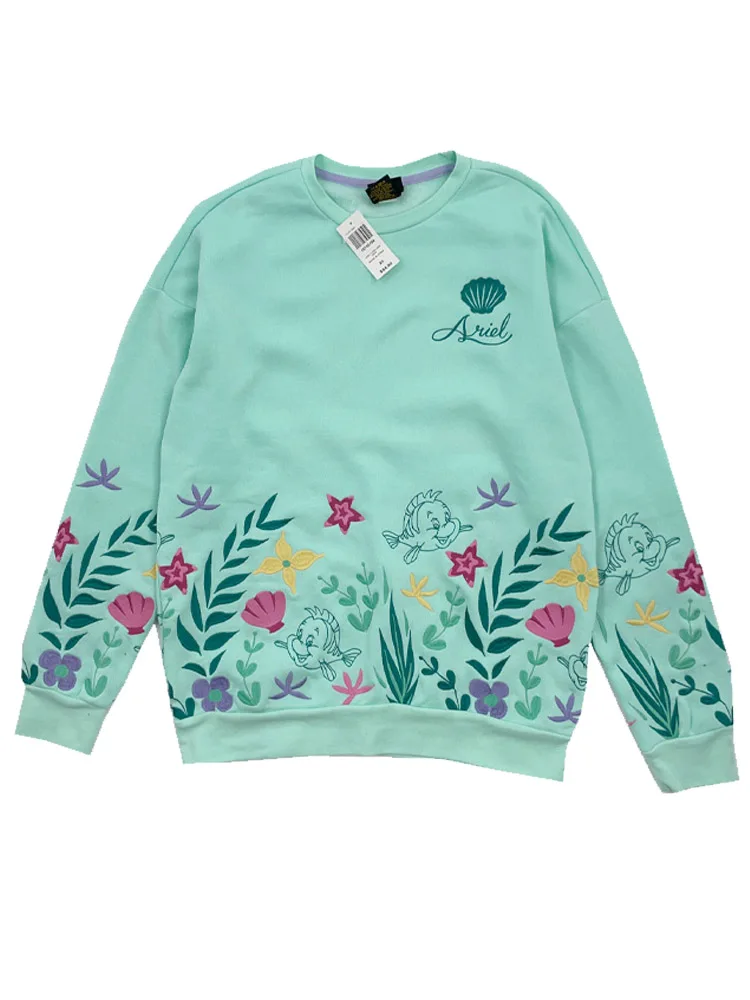 Disney bluza słodka mała syrenka Ariel księżniczka flądra ryby nadruk kreskówkowy haft moda Unisex kobiety Jumper Top