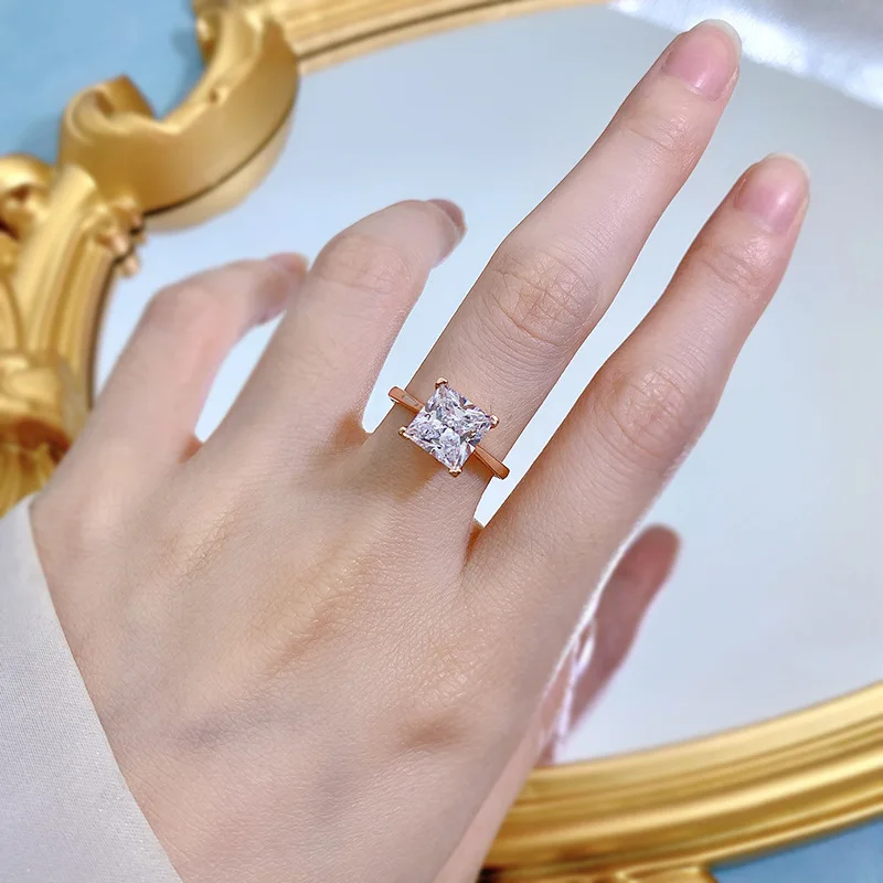 2022 new S925 silver 8*8 princess square ring personality wild classic four-claw diamond ring