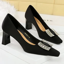 2024 Fashion Women Pumps Square Head Heels Women Shoes Rhinestone Design Banquet Shoes Elegant Office Shoes Kitten High Heels