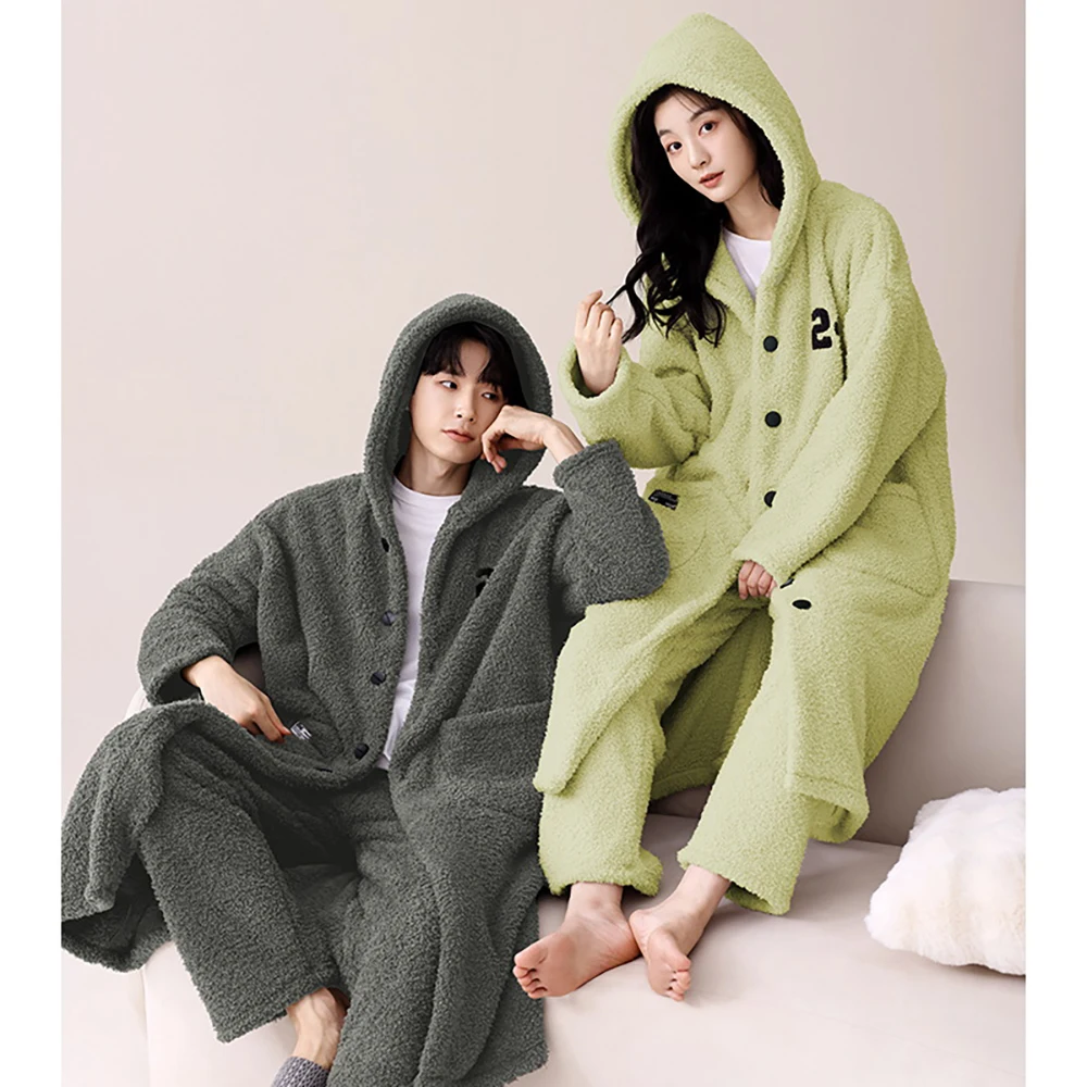 Couple Coral Fleece Lengthen Thicken Sleepwear Hooded Warm Men's Winter Pajamas Super Soft Pajama for Sleeping Cozy Pyjama Homme
