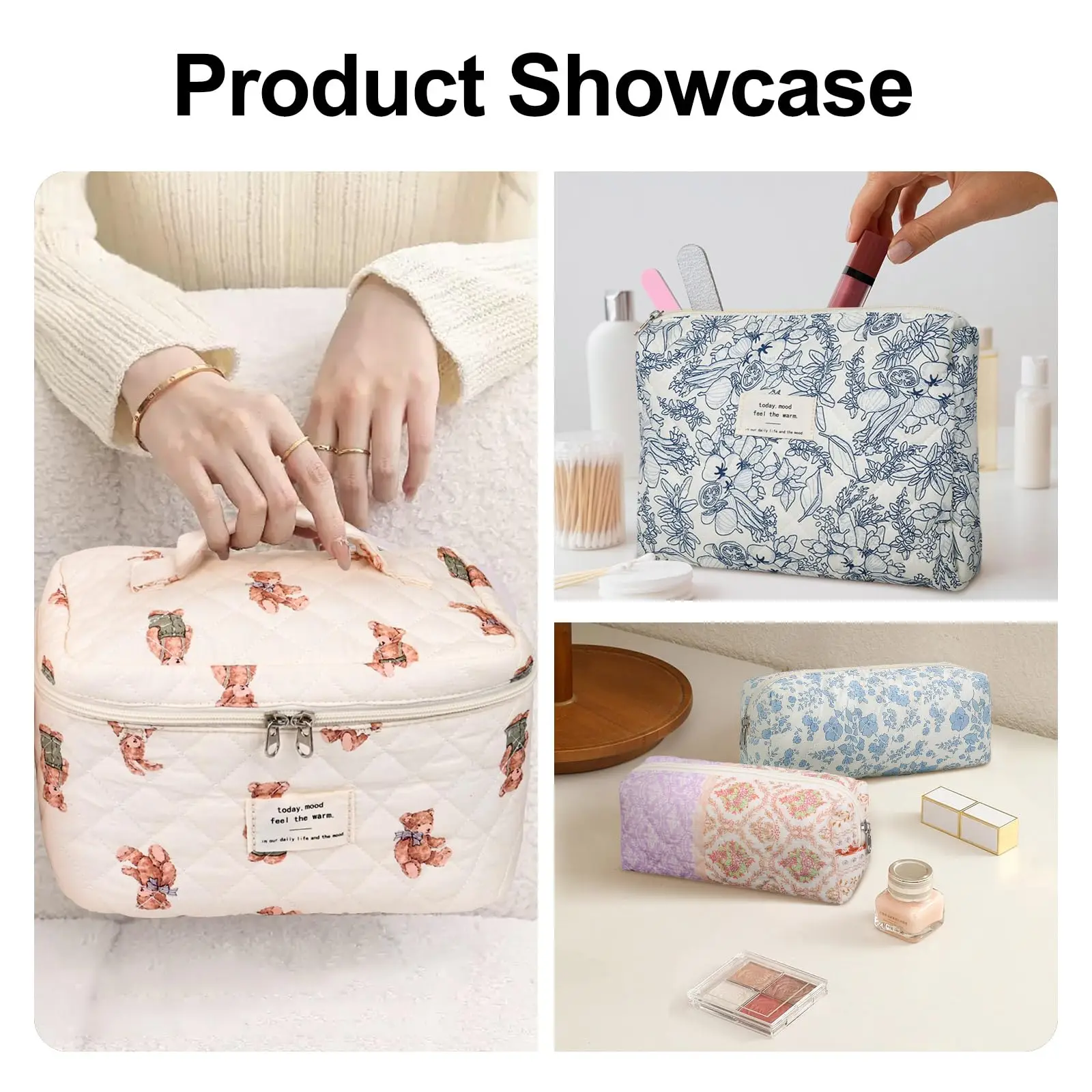 Fashion Vintage Flower Women Makeup Bag Cotton Tote Portable Female Cosmetic Storage Handbag Travel Organizer Zipper Quilted Bag 4