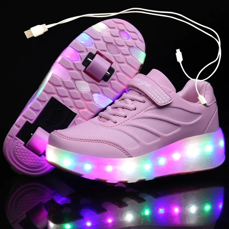 

USB Charging Black Two Wheels Luminous Sneakers Led Light Roller Skate Shoes for Children Kids Led Shoes Boys Girls Shoes 28-43