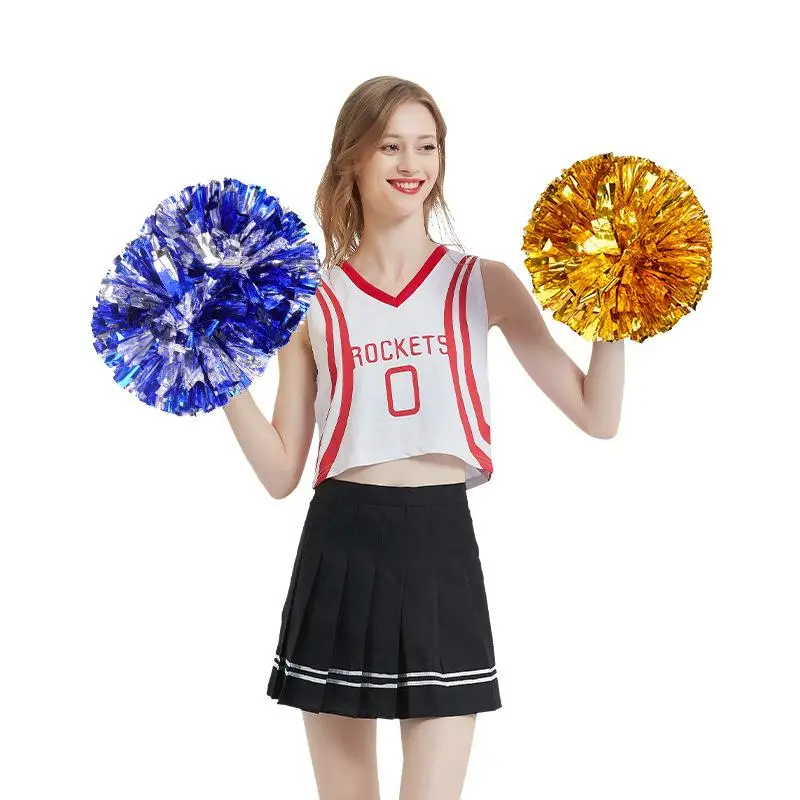 

2 Pcs Cheerleading Pom Poms Rainbow Metallic Streamer Pompoms Dance Party Football Club Decor Hand Flower Aerobics Cheer Balls