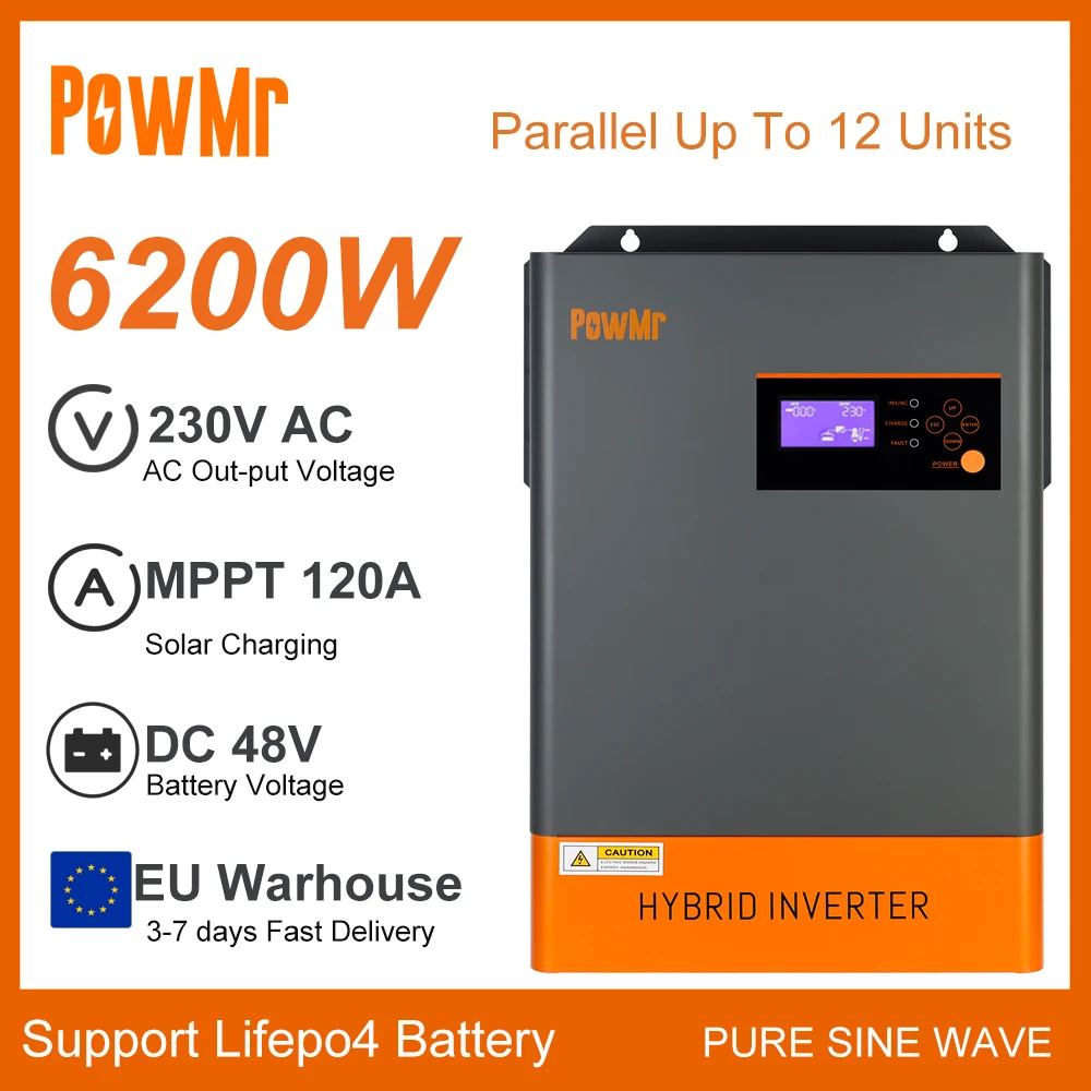 PowMr Solar Hybrid Inverter 6200W with 120A MPPT Charge Controller DC 48V to 230V AC Parallel Max 12 Units Solar PV Max 6500W
