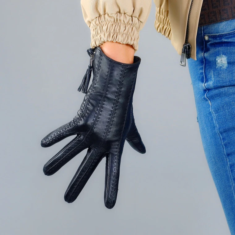 TECH GLOVES Real Leather Dark Red Wrist Short 19cm Zipper Fringe Tassel Genuine Sheepskin Lambskin Women Ladies Touchscreen