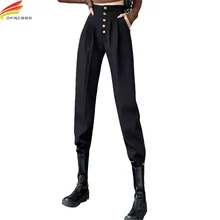

DFRCAEG 2022 Spring New Cargo Pants Women High Waisted Single Buttons Up Korean Fashion Black Color High Street Pantalones