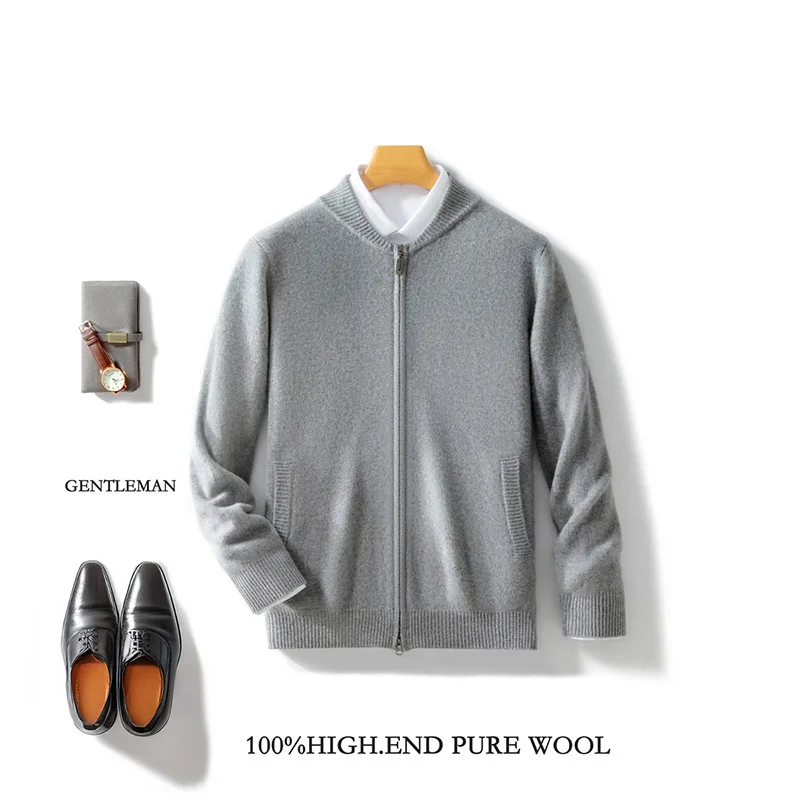 Men's 100% Merino Wool Sweater Knitted Zippered Cardigan Cashmere Thickened Jacket Long Sleeve Stand Collar Tops, Autumn, Winter 4