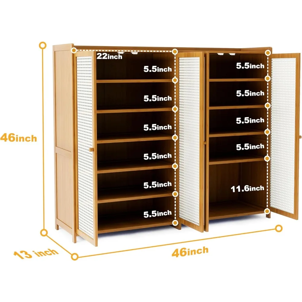 6-Tier Rattan Shoe Cabinet with Doors, 27 Pairs Storage for Entryway Hallway Living Room, Large Capacity Farmhouse Style