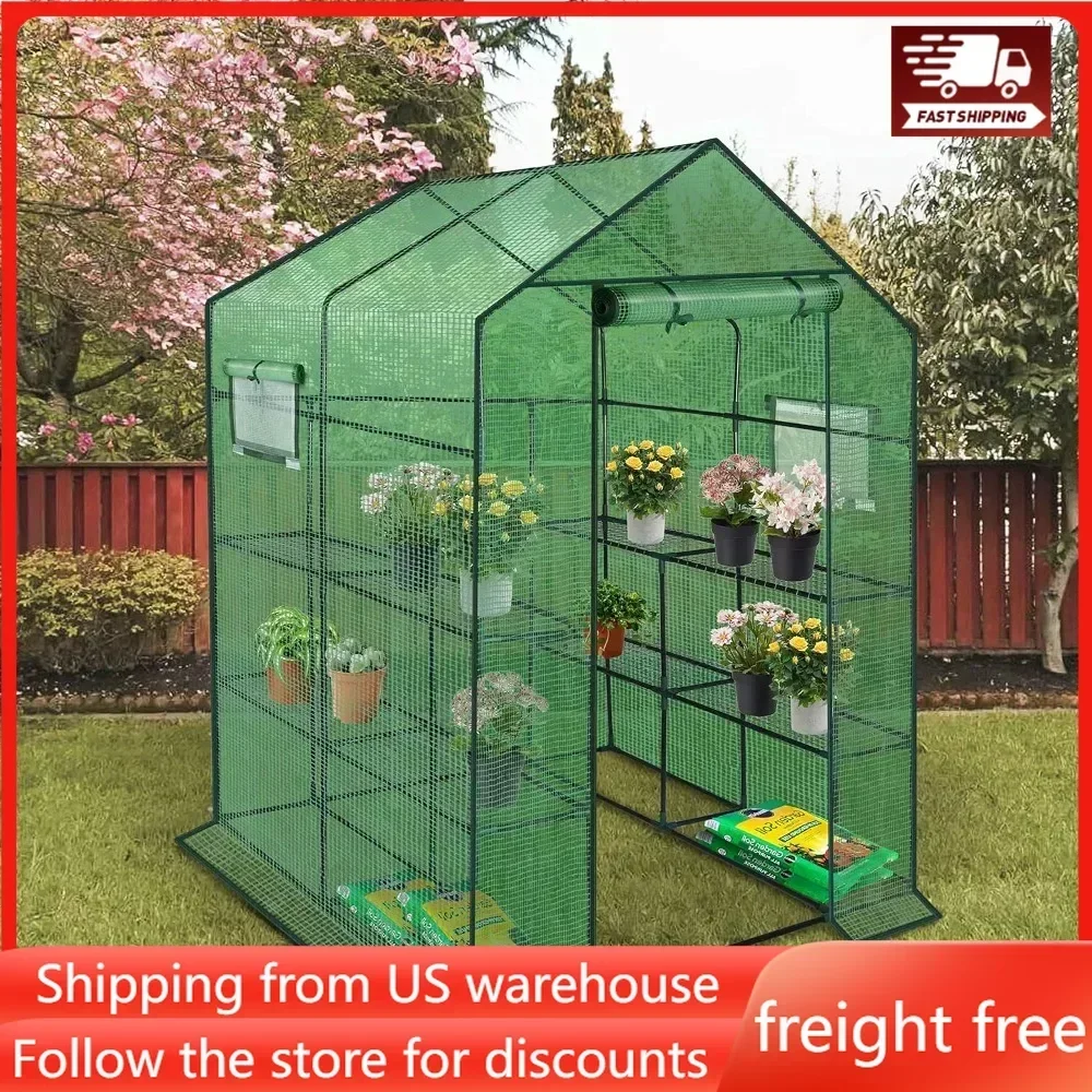 

Polyethylene Reinforced Walk-in Greenhouse with Window,Plant Gardening Green House 2 Tiers and 8 Shelves,L56.5 x W56.5 x H76.5
