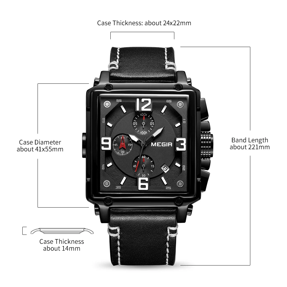 MEGIR Original Fashion Square Quartz Watches Men Sports Military Wristwatch Calendar Waterproof Chronograph Male Montre Homme - 5