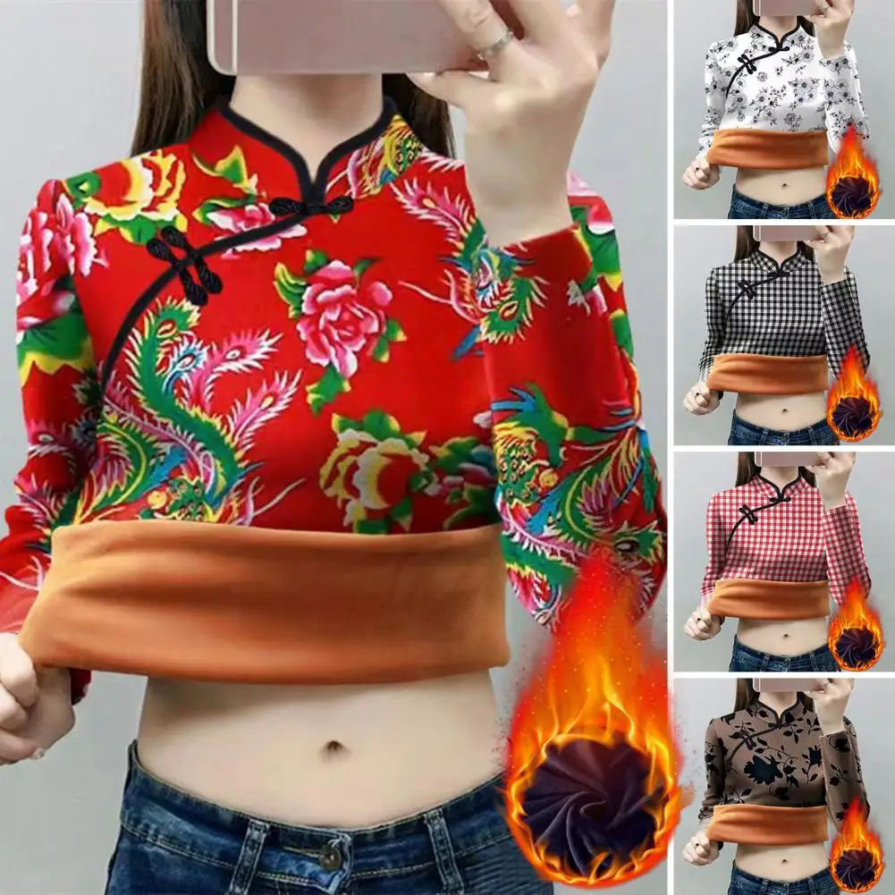 

Soft Cheongsam Blouse Floral Plaid Print Fleece Lined Chinese Cheongsam Top with Knot Button Decor Traditional Qipao for Women's