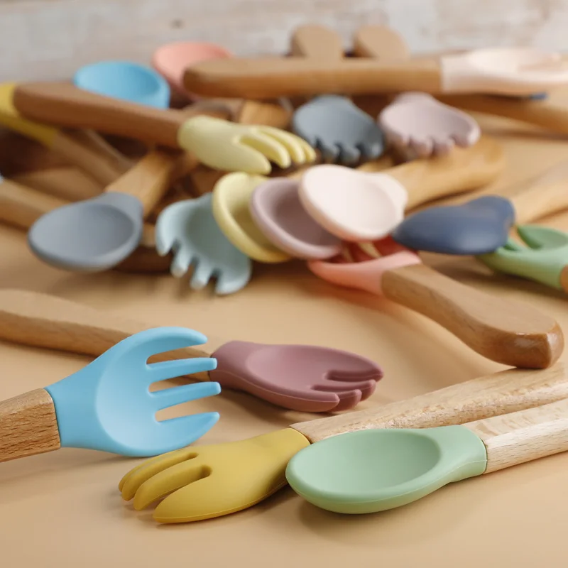 TYRY.HU 2PCS Baby Bamboo Fork Silicone Wooden Baby Feeding Spoon Toddlers Infant Feeding Accessories Organic BPA Free Food Grade 6