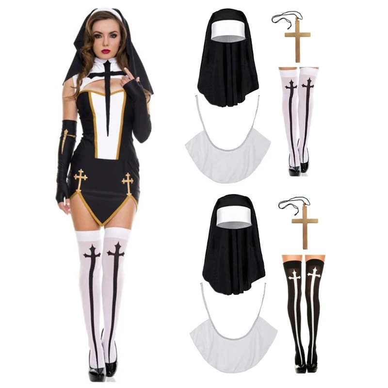 

634C 2/3/4 Halloween Nun Costume Accessories Nun Hat Pendant Necklace Thigh High Sock for Halloween Cosplay Party